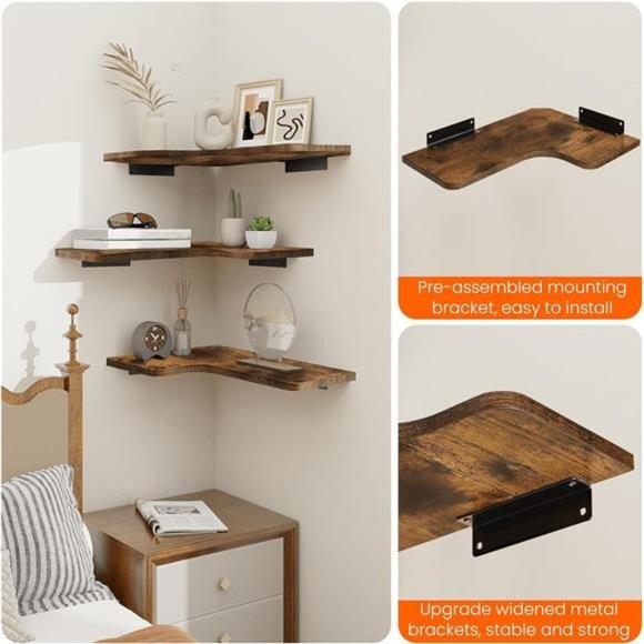 Corner Floating Shelves with Cord Hole, Set of 3 Wood Wall Shelves Rustic Brown - Picture 6 of 6